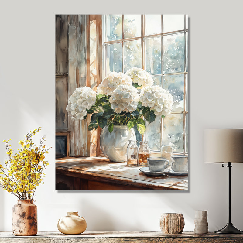 Hortensias dans le petit déjeuner Nook II - hydrangées, impression murale en métal, H 32 po x l 24 po