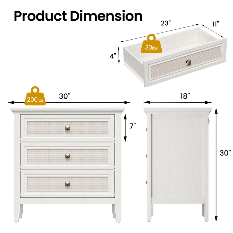 3 - Drawer Dresser Natural Rattan Deco,Set of 2, White