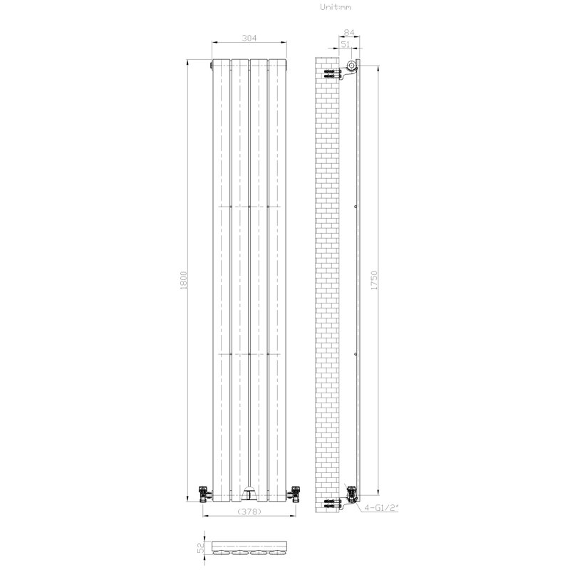 iBathUK Belgravia Vertical Single Slim Flat Panel Radiator Anthracite, 1800cm H x 304cm W x 52cm D, White