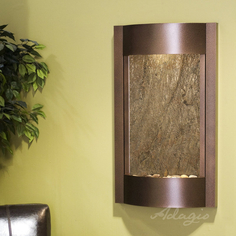 Serene Waters Acrylic Waterfall Fountain with Light, Green Feather, Copper Vein