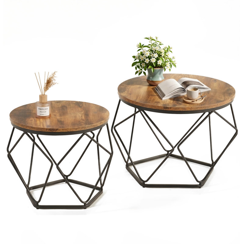 Set of 2 Round Side Tables with Tray Top, Industrial Accent Coffee Tables with Metal Frame, Set of 2 End Tables for Living Room and Bedroom, Brown