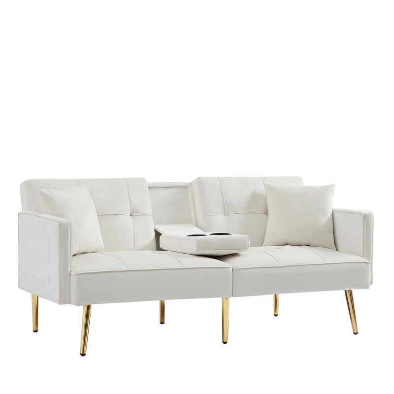 Cream White Velvet Futon With Gold Legs, 3 Adjustable Positions Bed, Back Design, 2, Foam Padding, Side Pockets & Cup Holders Creamy Futon, Angles, Pocket For Essentials, Holder, Comfortable Foam,