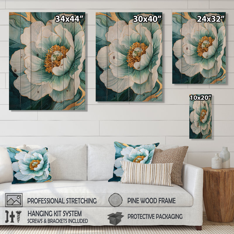 Radiant Symphony Of Peony On Emerald I - impression de bois vert moderne sur bois de pin naturel, H 20 po x l 10 po