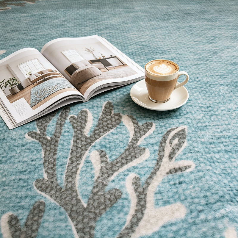 Coastal Seashell and Coral Border Nautical Area Rug in Light Blue, Rectangle 5' x 7'