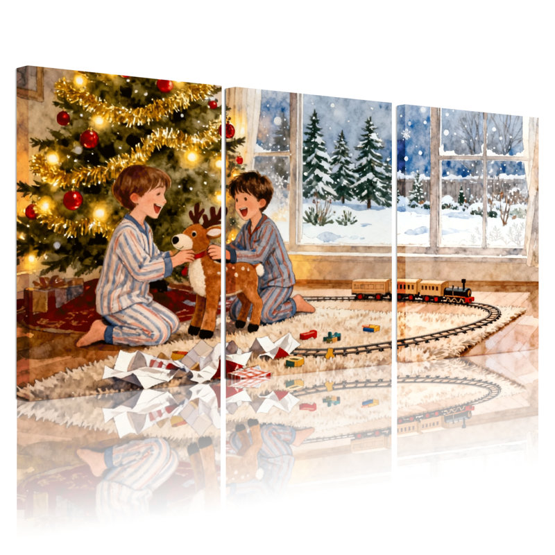 Noël, arbre de Noël, enfants, train, neige, fenêtre, jouets, renne, ensemble de 3 impressions sur toile, H 24 po x l 48 po