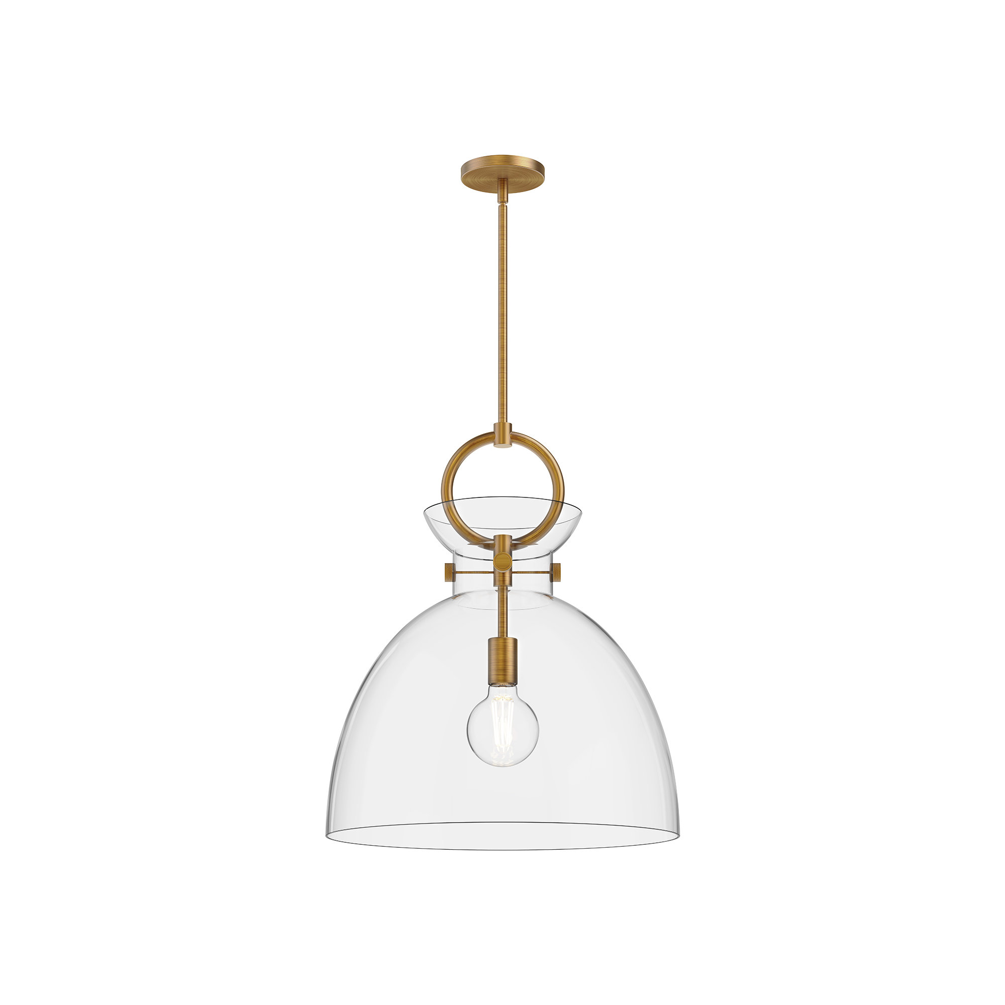 Tinka Single Light Glass Steel Pendant, Aged Gold, Clear, 21.75" H x 18" W x 18" D