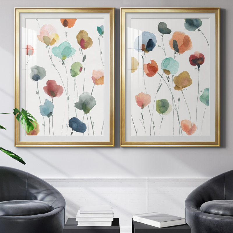«Lollipop Garden I», ensemble de 2 impressions, Impression encadrée avec passe-partout, H 30,5 po x l 85 po, Doré