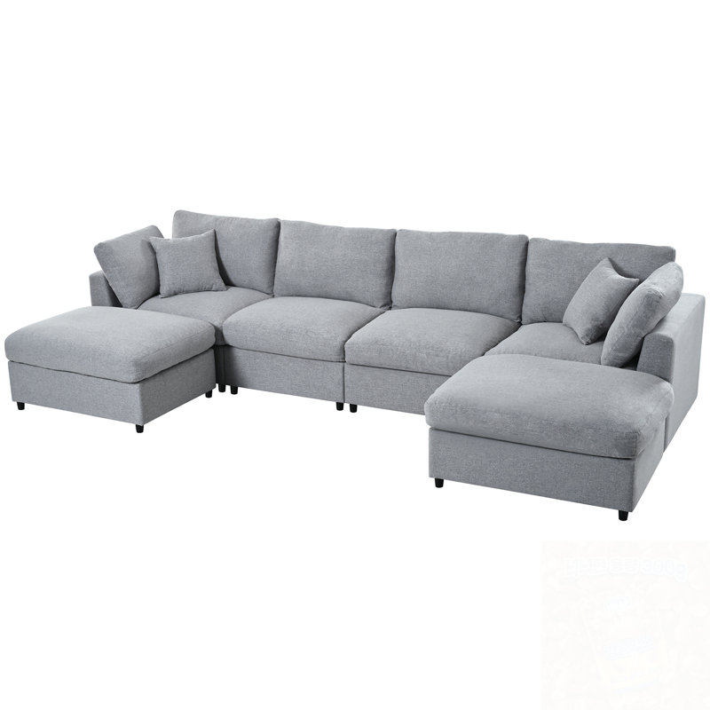 U-Shaped Sectional Sofa With 2 Movable Ottomans, Gray Chenille