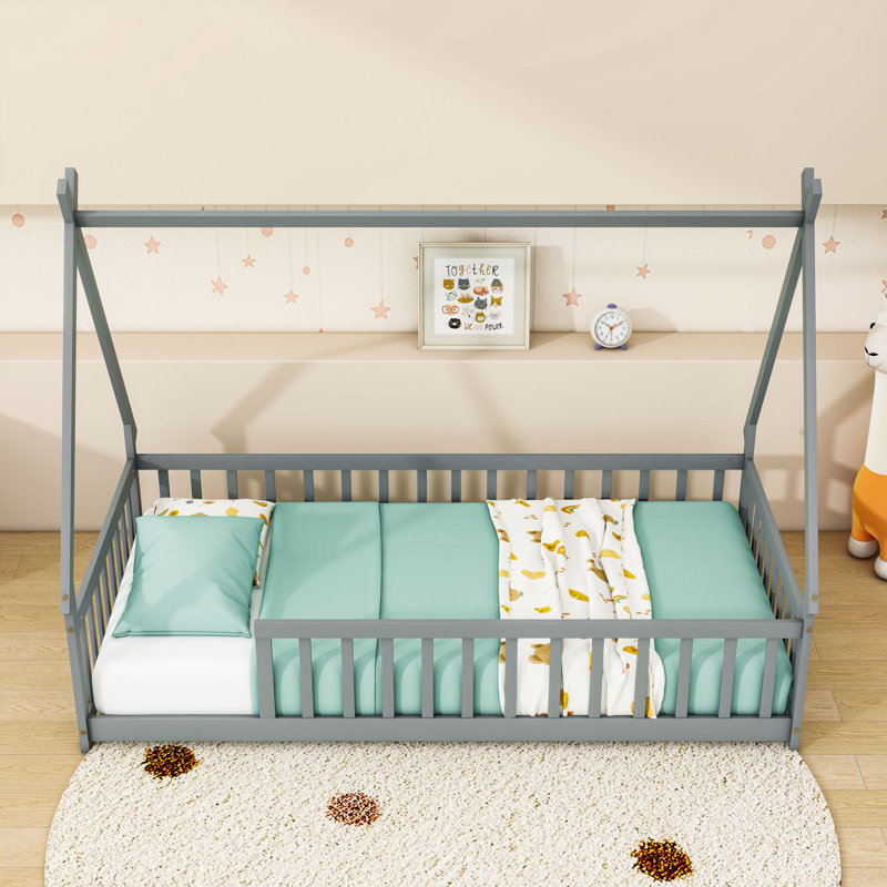 Lit simple en bois avec conception de tente et garde-corps de sécurité, Gris