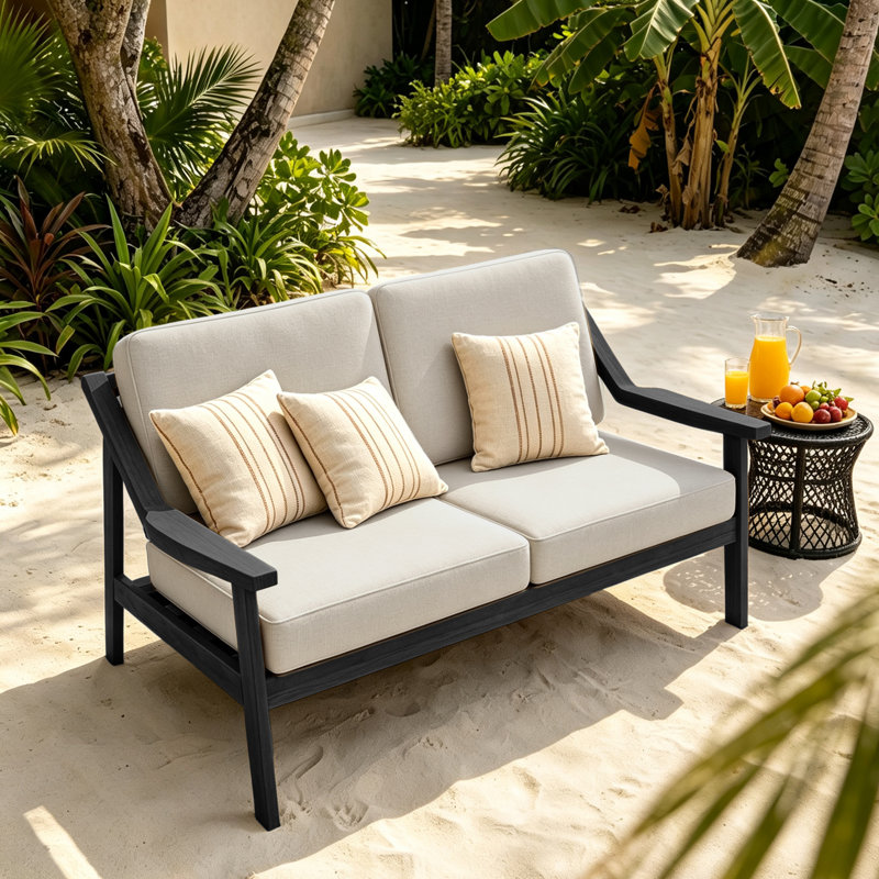 Causeuse d'extérieur en bois de teck avec coussin et accoudoirs Marlo, Chameau clair, Noir