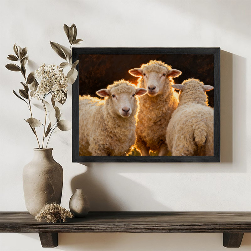 Reproduction d'art encadré noir, petit agneau mignon et douillet, style rétro, H 9 po x l 11 po