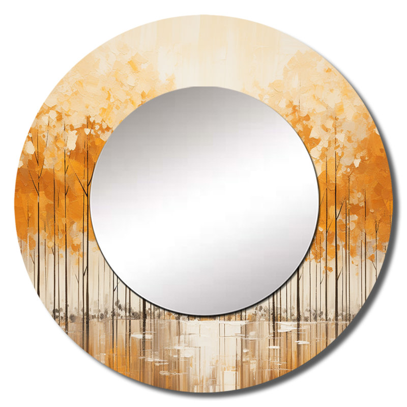Minimalisme beige et or forêt III - miroir forêt, miroir mural décoratif rond traditionnel, impression d'art en métal