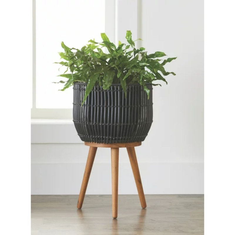  Black Round Resin Planter & Stand Set With Wood Legs