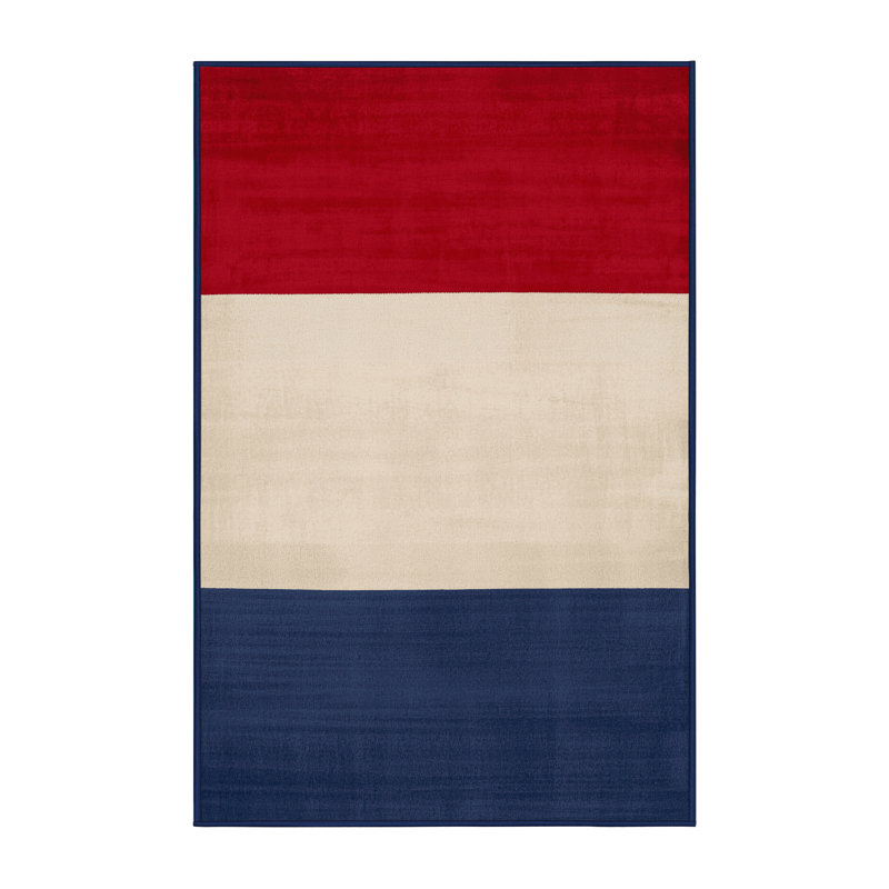 Soft Plush Esser July 4Th Modern & Contemporary Abstract Area Rug in Beige – Navy Binding, 2x4