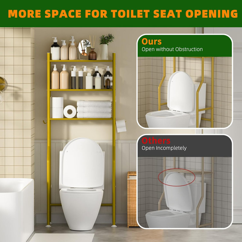 3-Tier Over The Toilet Storage, Space Saver Metal Bathroom Shelves, Freestanding Above Over Toilet Storage Shelf With 4 Hooks For Bathroom