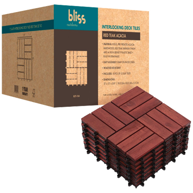 Bliss Outdoors Hardwood 12-Slat Interlocking Wood Deck Tiles, Red, Set of 10, Dark Brown
