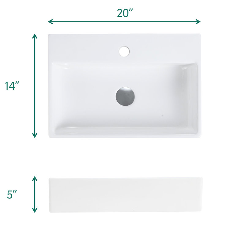 Évier de cuisine intégré en céramique blanche lustrée 20 po x 14 po - 1 trou de robinet, teinture, facile à entretenir, matériau des bords de la salle de bain sécuritaire, nettoyage sans effort, décor contemporain, esthétique moderne, surface lisse