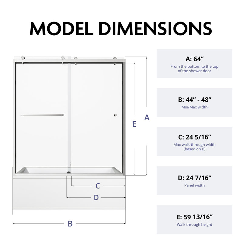 56" - 60" W x 64"H Double Sliding Tub Frameless Glass Shower Doors | 5/16" Clear Tempered Glass | Leak-Proof Precision | Durable Stainless Steel Hardware | Perfect Adjustment Uneven Walls