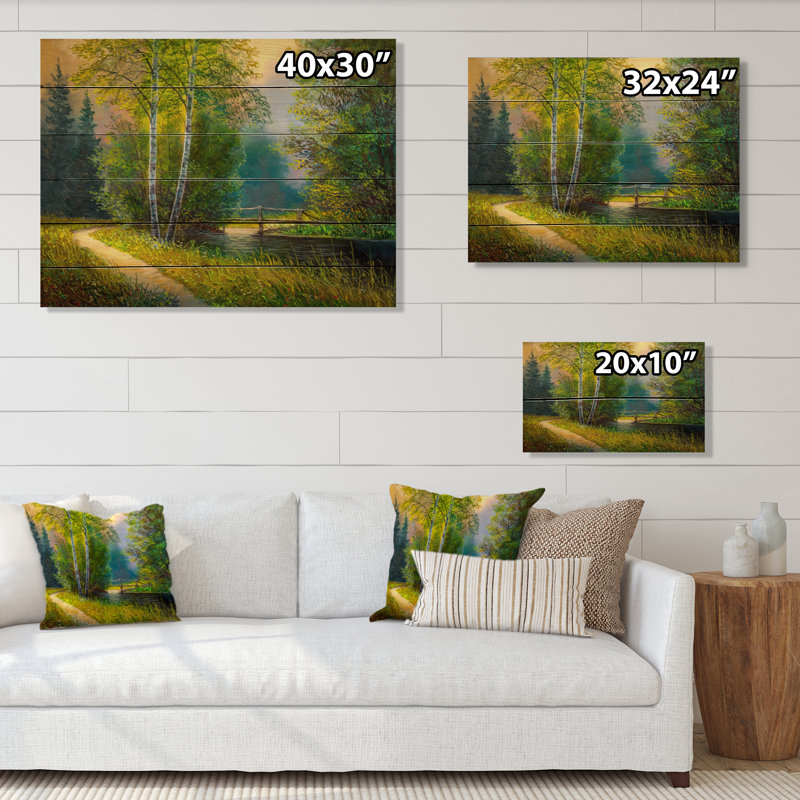 Forêt, paysage sur une rivière d'été - impression sans cadre sur bois, H 30 po x l 40 po x P 1 po