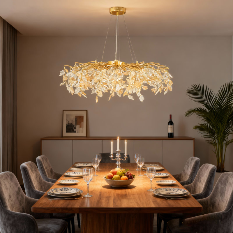 31.5" Deluxe Maple Leaf Crystal Pendant, Modern Golden Tree Branch Design, G9 Base, No Bulbs