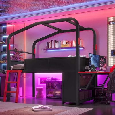 Lit mezzanine bas une place avec bureau, ports USB et éclairage DEL, lit mezzanine de jeu en métal avec armoire de rangement, design à baldaquin, noir