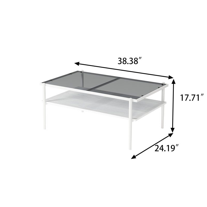 Modern stycle coffee table with glass top and a  wood shelf, metal frame, White