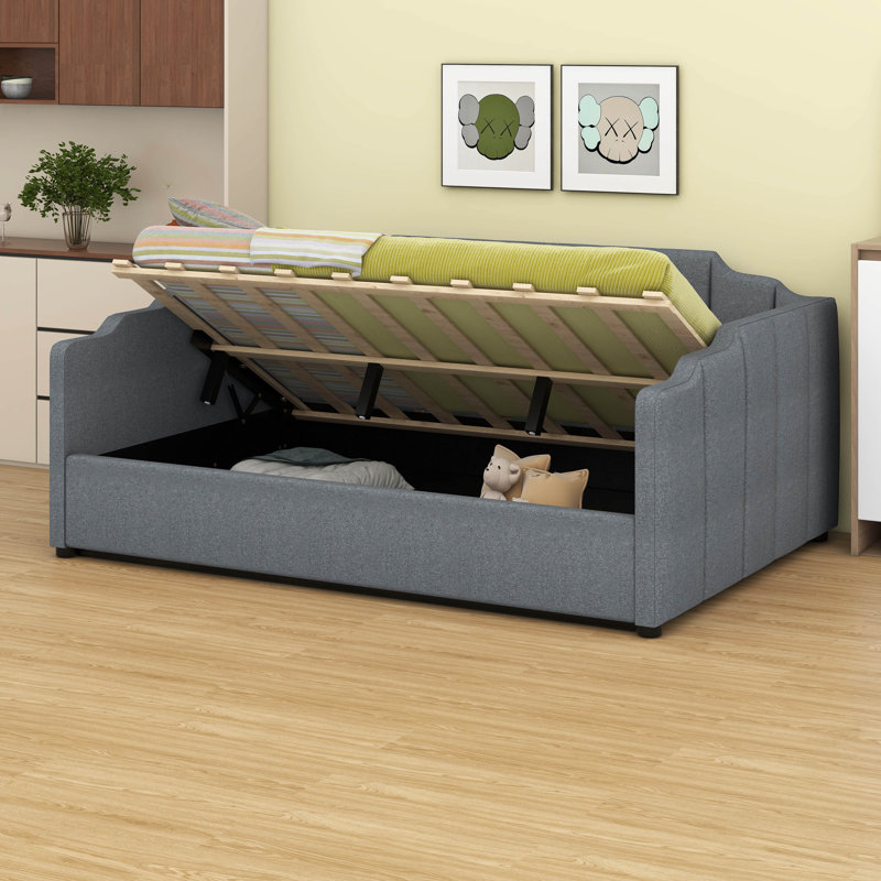 Lit de jour double (rembourré) avec espace de rangement inférieur, Gris