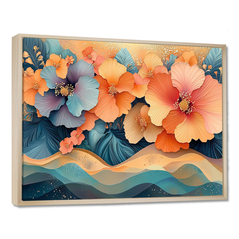 Hibisuc tropical dans une symphonie côtière I - Hibiscus, art mural, H 34 po x l 44 po, Impression encadrée flottante