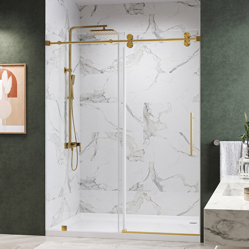 KW04 62 - 66 In. W X 76 In. H Single Sliding Frameless Shower Door With 3/8 In. Clear Glass, Gold