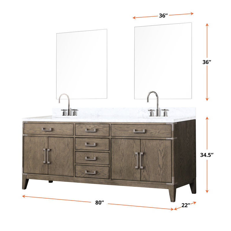 Meuble-lavabo double en chêne gris 80 po L, 22 P, plateau en marbre poli, robinet, 36 miroirs de large