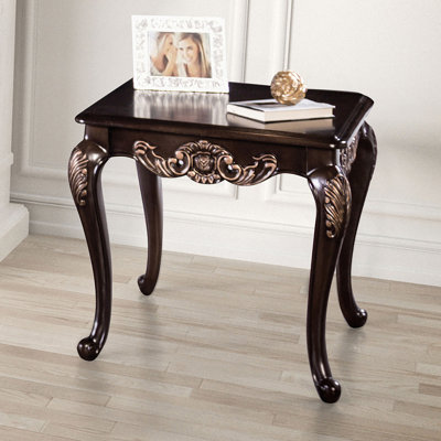 Traditional Style Square End Table With Solid Wood, Curved Legs, Gold Finish, And Carved Design In Dark Cherry Finish