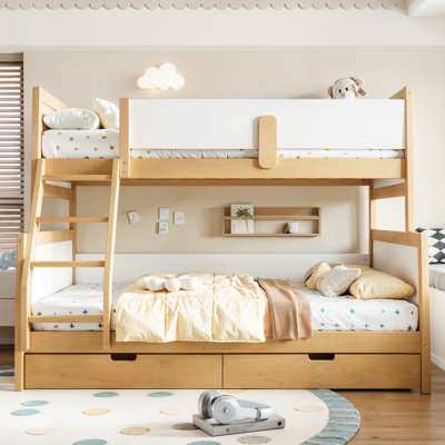 Lit superposé simple au-dessus de double en bois massif avec tiroirs de rangement, garde-corps doubles, lattes de soutien et conception convertible, blanc et naturel