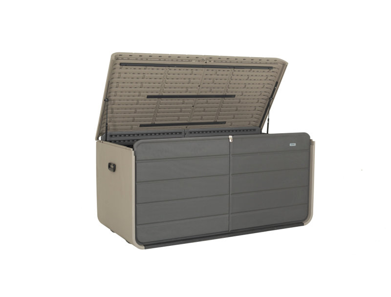 260 Gallon Plastic Outdoor Deck Box, Extra Large Waterproof Patio Storage Bin With Lockable Lid, Hydraulic Rods & Wheels – Gray