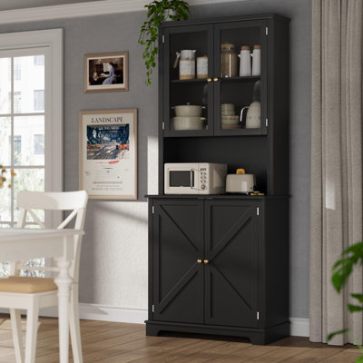Huche de cuisine blanche 72 po avec portes en verre, armoire de rangement 41 po avec station de charge et lumières DEL, armoire de rangement pour la salle à manger, noir