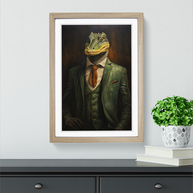 Alligator In A Suit Painting No.3 - Single Picture Frame Print on Wood, 64cm H x 46cm W x 2cm D, Oak Framed