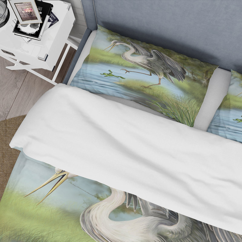 Crane Hunting A Frog In The Water - Ensemble de housse de couette Farmhouse - Microfibre de polyester