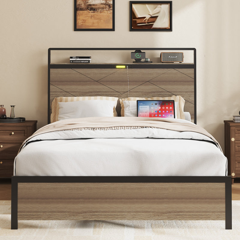 Wooden And Metal Full Bed Frame，Bed With Storage Headboard And Charging Station&LED Lights, Full