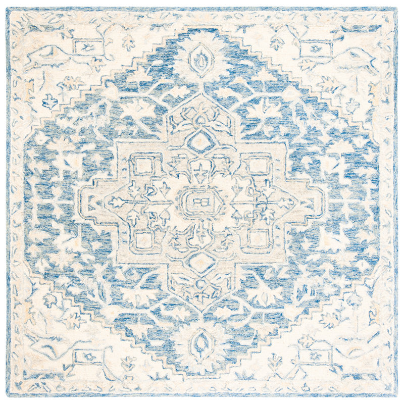 Cyrilmagnin Hand Tufted Wool Cotton Oriental Rug in Ivory/Blue, Square 7'