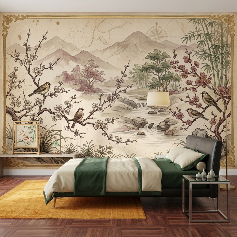 Papier peint paysage asiatique fleurs de cerisier en parchemin, 200 po x 120 po, Texturé non collé