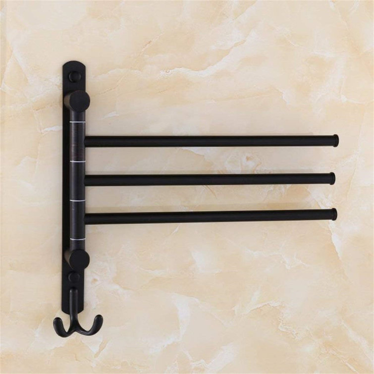 Wall-mounted oscillating towel rack for bathroom use with practical hooks