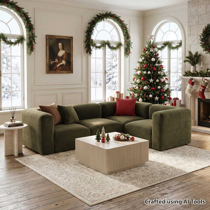 Canapé modulaire moderne en forme de L à assise profonde en velours de performance de 101 po 4 pièces, Vert olive