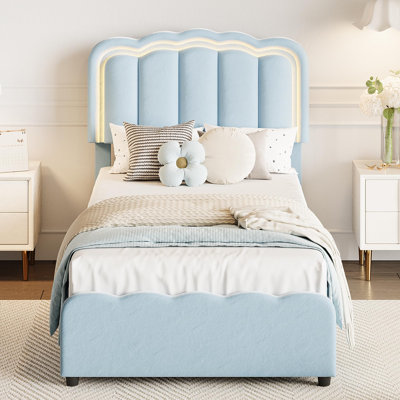 Upholstered Platform Bed Frame with LED Lights, Adjustable Headboard, No Box Spring Needed, Easy Assembly
