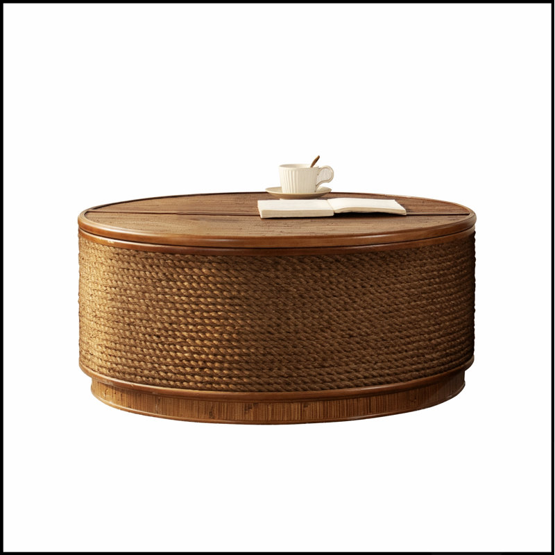Table basse ronde en rotin avec rangement amovible, garniture en corde de chanvre tissée à la main, style boho-chic, parfaite pour les salons confortables et les espaces compacts