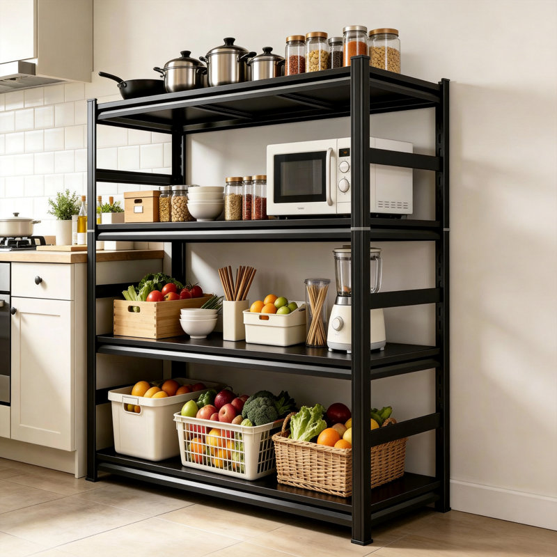 Support à casseroles réglable à 5 niveaux, l 36 po x H 72 po Étagère de rangement pour casseroles et poêlons en métal noir