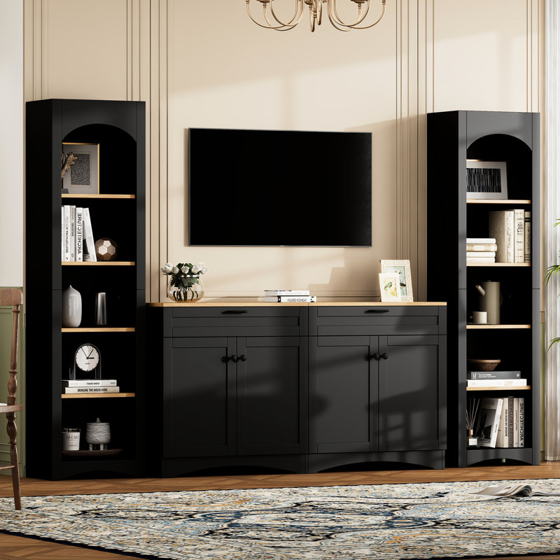 Meuble télé de 70 po avec design, bibliothèque de style milieu du siècle, buffet rustique avec étagères ajustables, noir pour buffet.