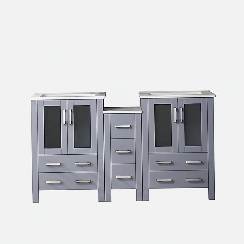 Double cuve avec armoire latérale et plateau en céramique blanche, 60"