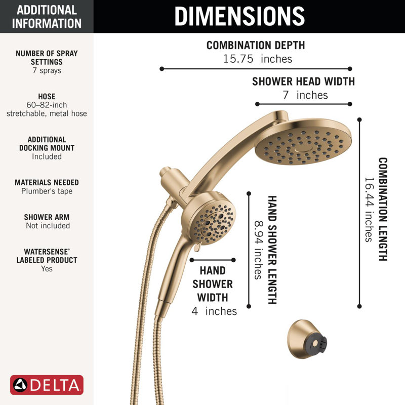 7-Setting PivotPro 3-in-1 Combination Shower Head with ProClean High Pressure Spray 1.75 GPM Brushed Gold