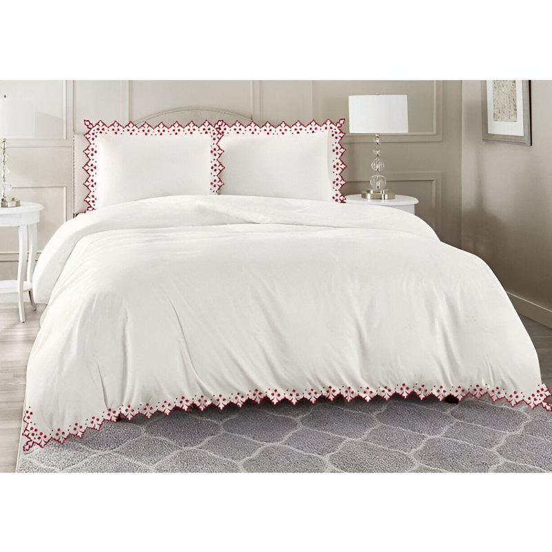Elegant Flower Embroidered Duvet Cover Set, White/Burgundy, Twin Duvet Cover