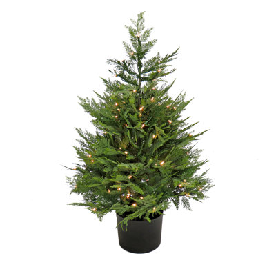 3 ft Prelit Artificial Cypress Tree with 100 Clear Lights, Realistic Fake Tree Potted Plant, Matte Black Nursery Pot