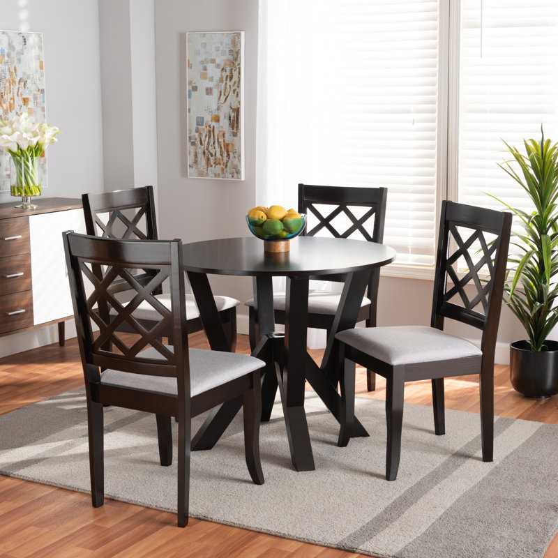 5-Pc Dining Set in Grey Fabric Upholstered With Brown Finish, 37.4'' H X 18.1'' W X 20.3'' D, Expresso Brown